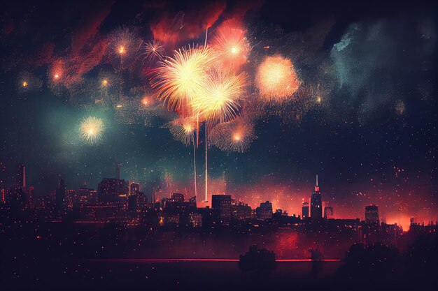 City skyline at night with fireworks exploding in the distance