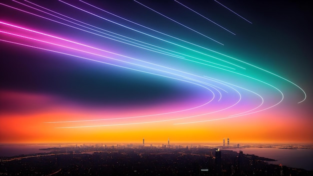 A city skyline at night with mesmerizing light trails in the sky