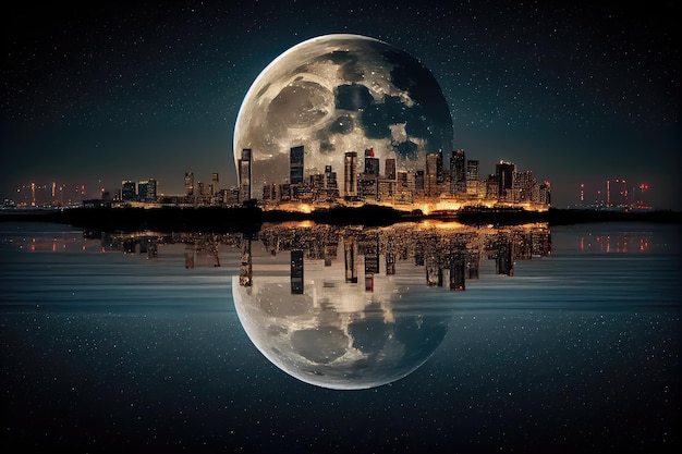 水に月が反射する夜の街のスカイライン