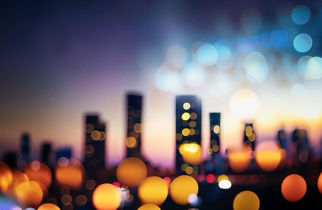 Photo city skyline at night with twinkling lights blurred into captivating bokeh