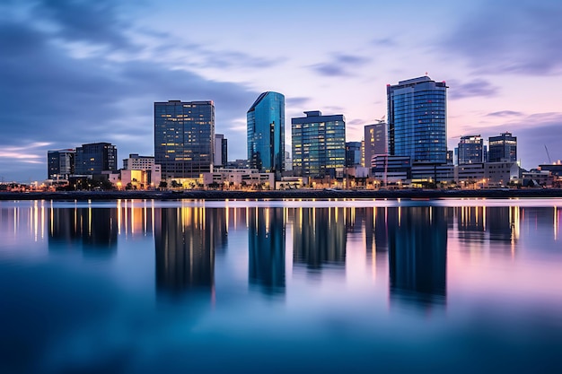 City Skyline Reflecting in a Calm River at Dusk