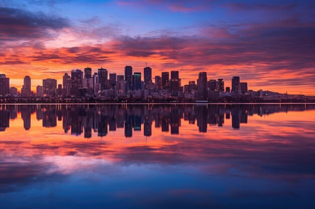 City skyline reflecting onto calm water at twilight created with generative ai