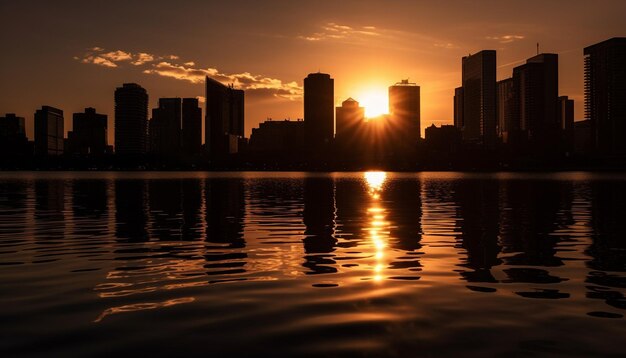 Photo city skyline reflects in tranquil waterfront dusk generated by ai