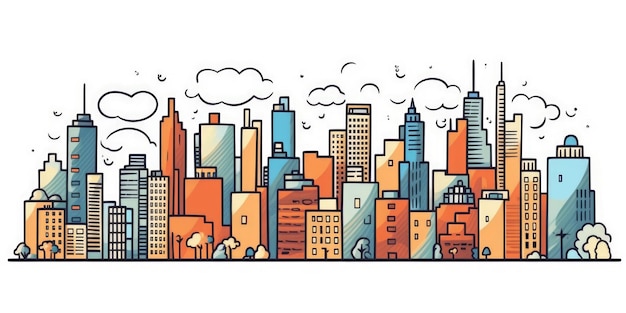 City skyline simple doodle color cartoon on white background generative ai AIG32