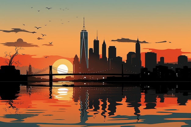 city skyline sunrise reflection