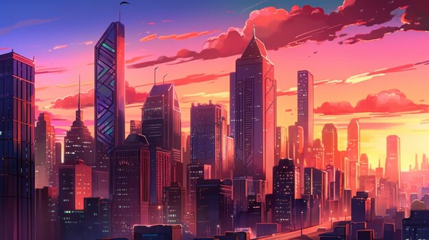 A city skyline at sunset with a bird flying over it generative ai image