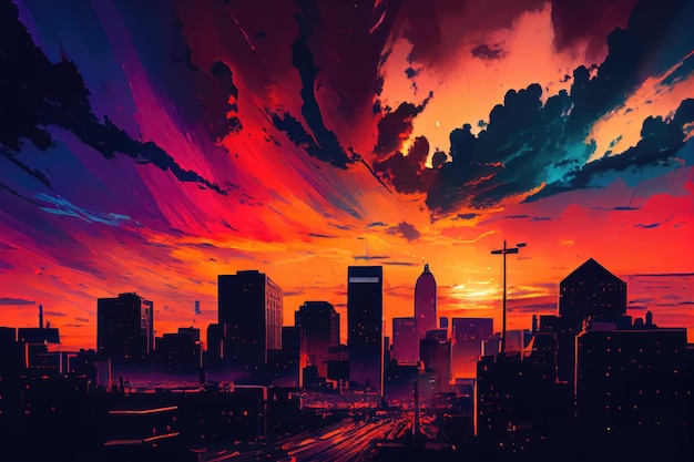 City skyline at sunset with colors of the sky and buildings mixing in dramatic fashion