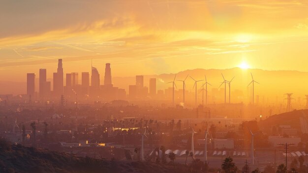 A city skyline at sunset with wind turbines and solar panels visible in the foreground a caption