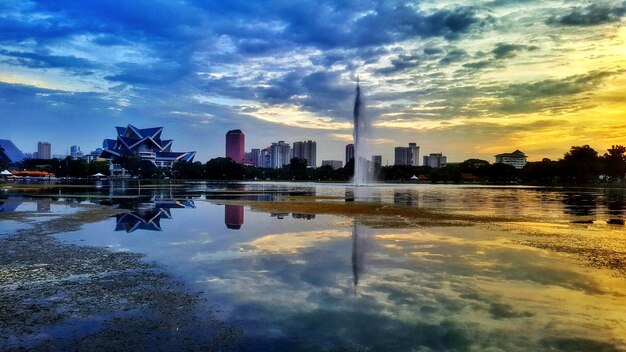 City skyline at sunset