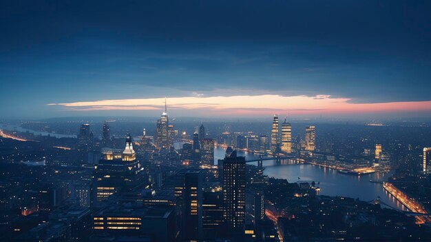 City skyline at twilight with illuminated skyscrapers and a dramatic sunset in the background