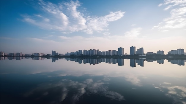 City skyline view with water reflection and clear blue sky