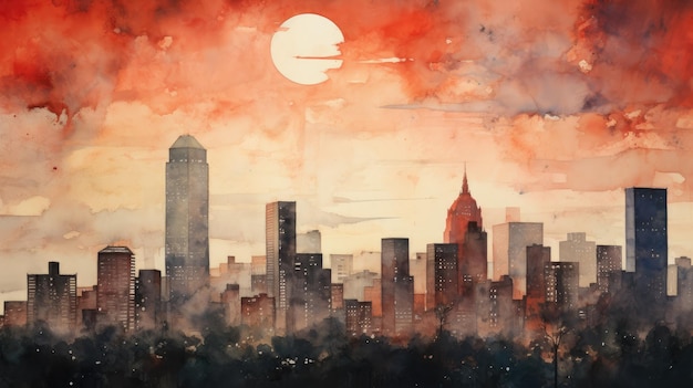 Photo a city skyline watercolor textured paper warm tones ai generative