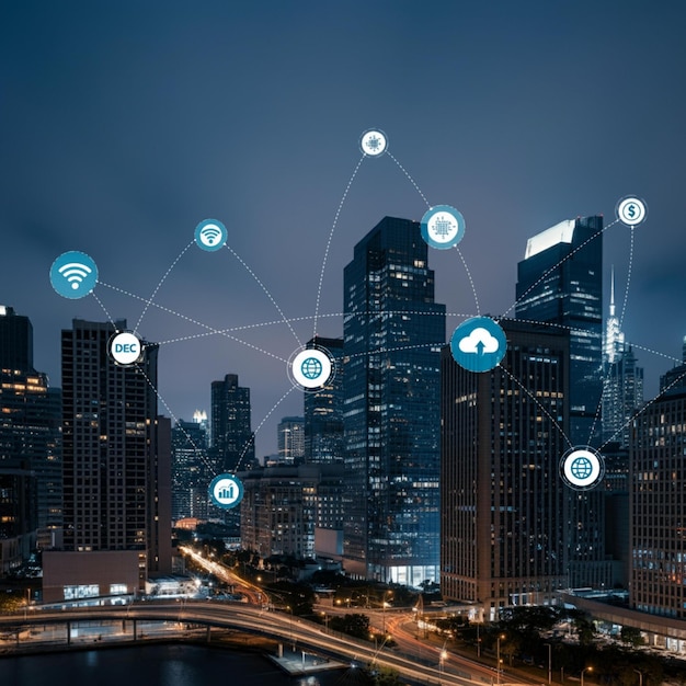 a city skyline with a blue arrow and a cityscape in the background