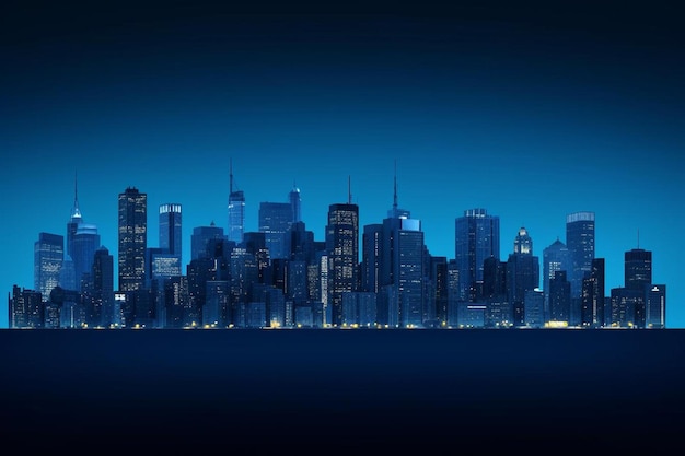 a city skyline with a blue background and a dark blue night sky.