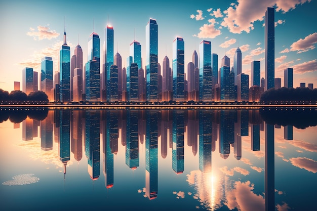 A city skyline with a blue sky and clouds.