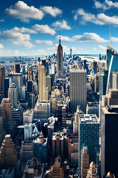 a city skyline with a blue sky and a white cloud