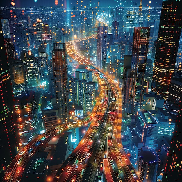 a city skyline with a blur of traffic and a city at night