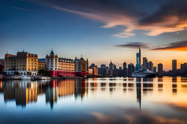 a city skyline with a boat and a city in the background.