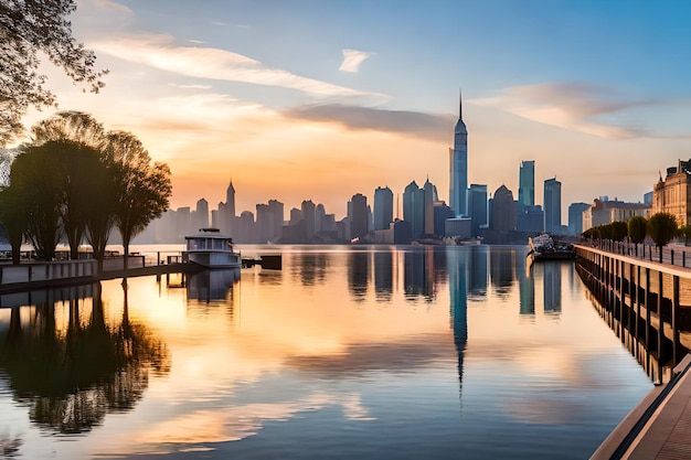 A city skyline with a boat in the foreground