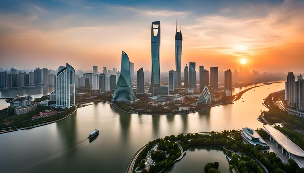 a city skyline with a boat in the water and a city in the background