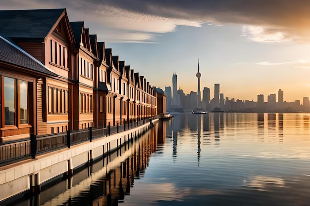 A city skyline with a boat in the water