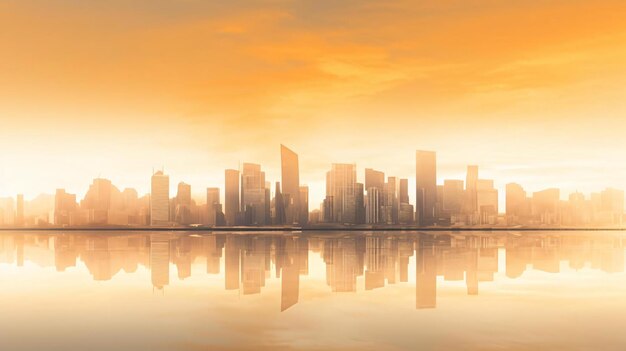 A city skyline with a body of water in the foreground