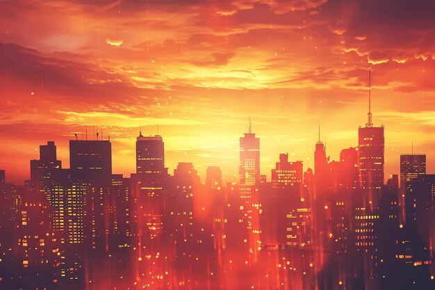 Photo a city skyline with a bright orange sun in the background