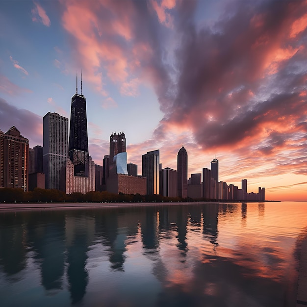 A city skyline with the chicago skyline in the background.