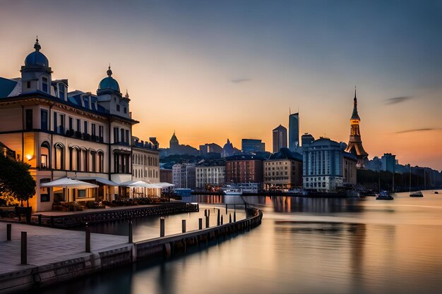 a city skyline with a city in the background