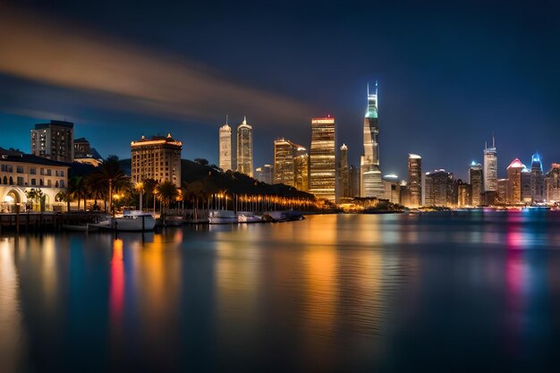 a city skyline with a city in the background