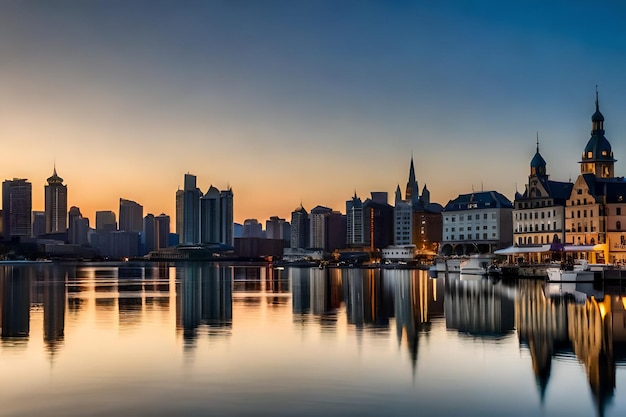 a city skyline with a city in the background