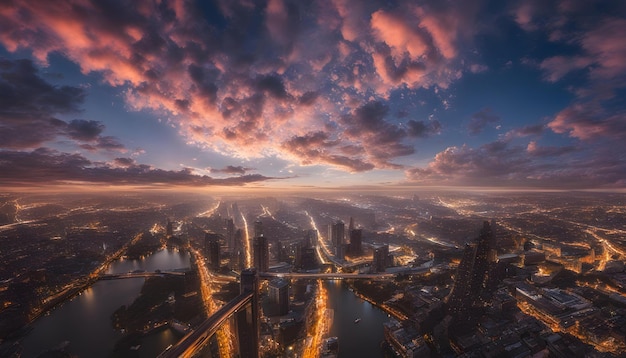 Photo a city skyline with a cloudy sky and a city in the background