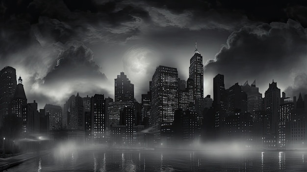 a city skyline with a dark background and a cityscape in the background.