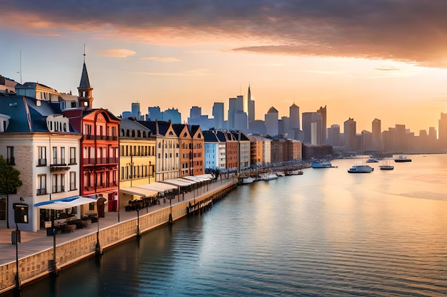 a city skyline with a few buildings and a city in the background.