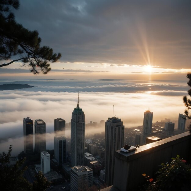 a city skyline with a foggy sunrise and a city in the background