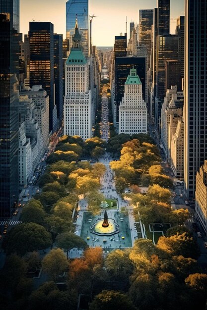 a city skyline with a fountain and trees with a fountain in the middle