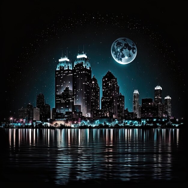 a city skyline with a full moon and a city skyline in the background