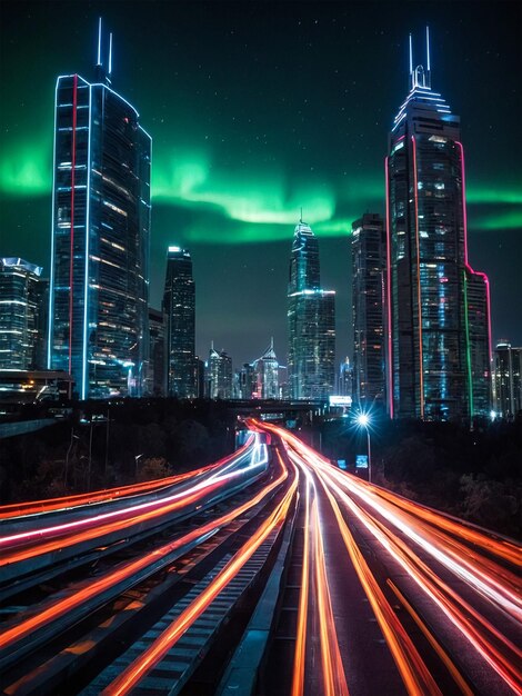 a city skyline with a green aurora in the background