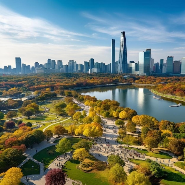 a city skyline with a lake in the foreground and a city in the background