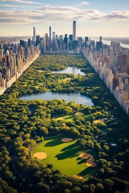 a city skyline with a lake and trees and a city skyline in the background