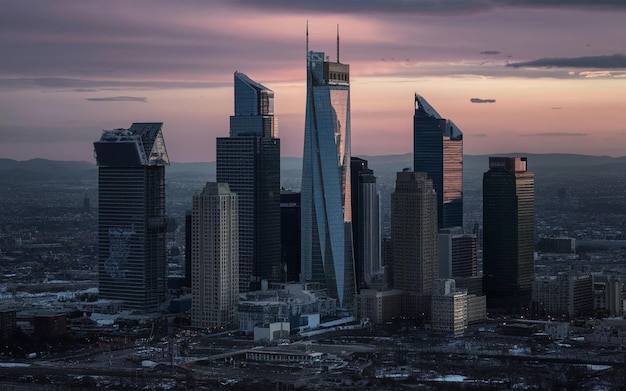 a city skyline with a large building and a large building with a sky background