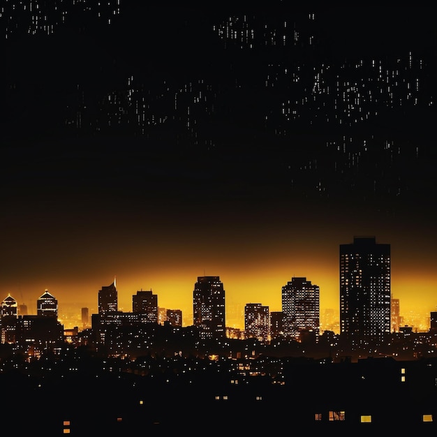 A city skyline with the lights on