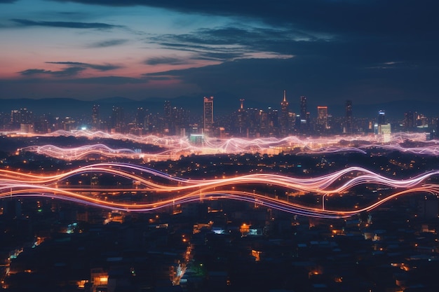 Foto un orizzonte della città con linee di luce che simboleggiano il trasferimento di dati