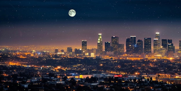 A city skyline with the moon in the sky