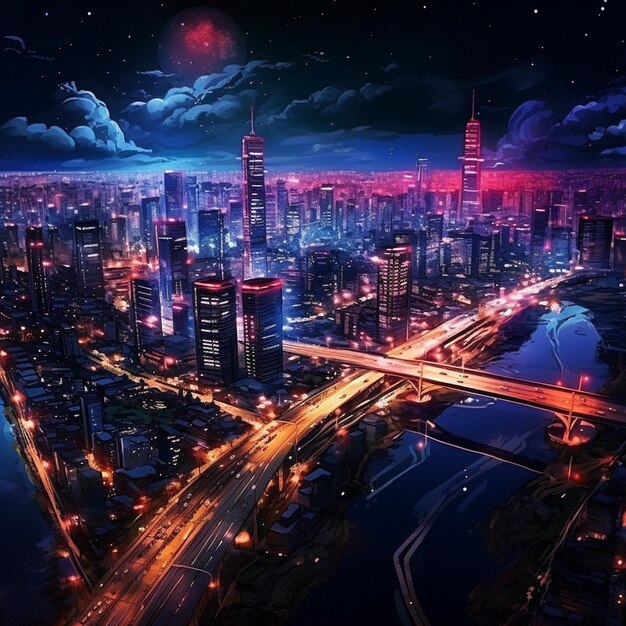 a city skyline with a night scene and a city in the background.