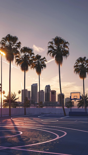 a city skyline with palm trees and a sign that says  palm trees