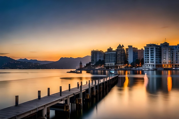 a city skyline with a pier and mountains in the background.