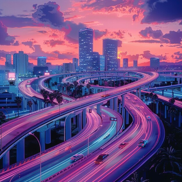 Photo a city skyline with a pink sky and a freeway with the word  city  on it