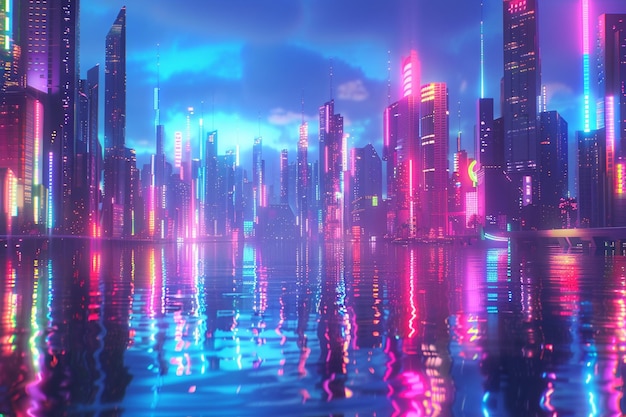 городской горизонт с фиолетовым светом и красным светом в центре