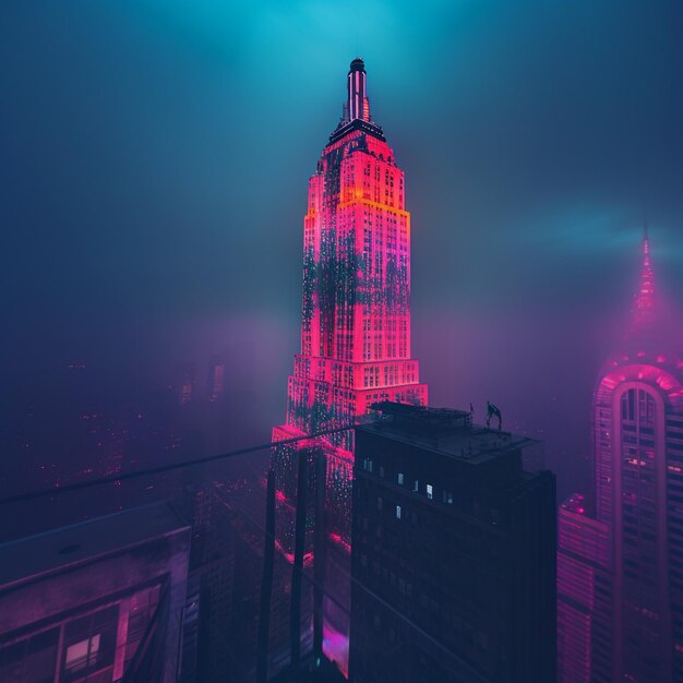 Photo a city skyline with a purple and red light on the top.